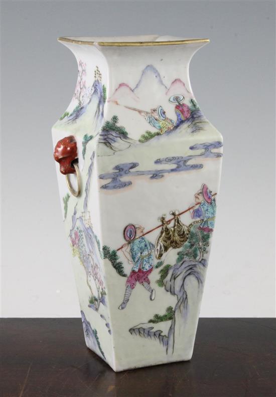 A Chinese famille rose square baluster vase, late 19th century, 23.7cm, chip to rim